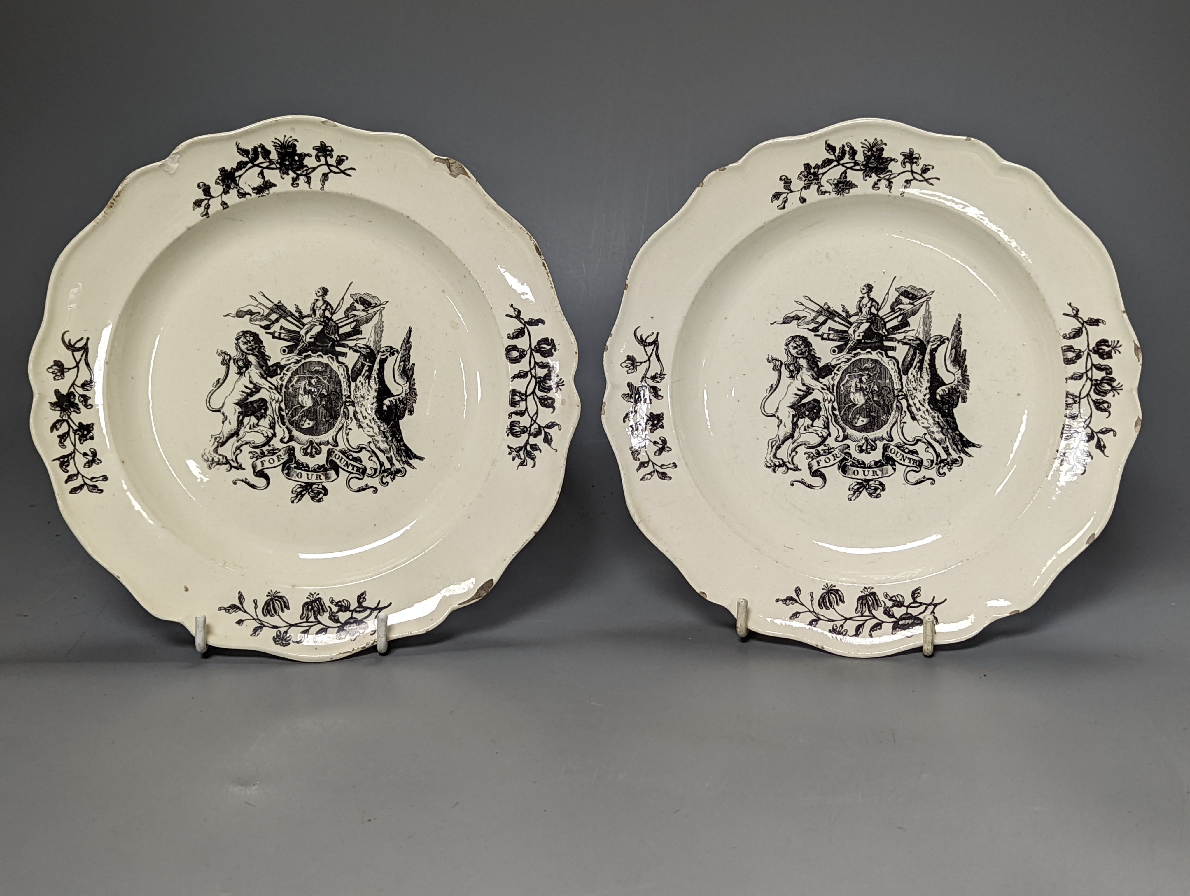 Two creamware Anti Gallican Society plates, c.1760, 21cm diameter (2)